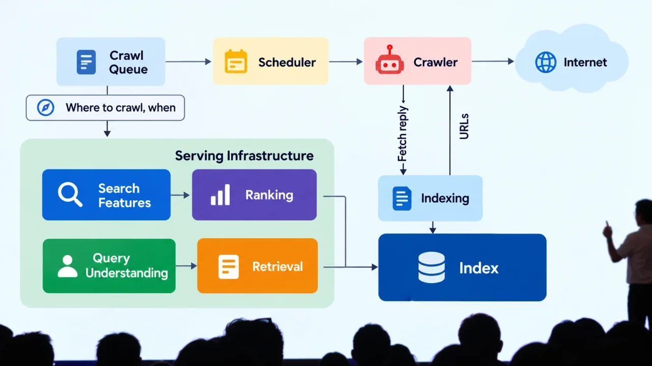 Diagram cara kerja google search berwarna